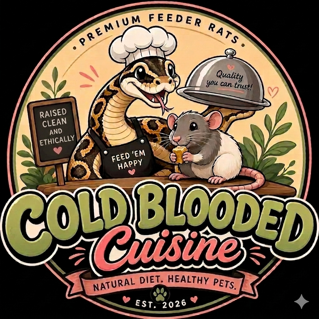 Cold Blooded Cuisine logo showing a smiling snake chef beside a feeder rat
